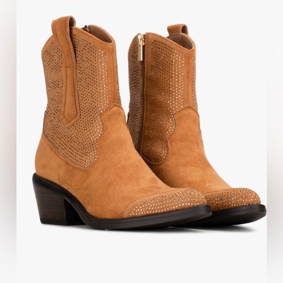 POELMAN Camel Suede Embellished Western Booties Sz Euro/38-7.5 - Picture 2 of 14